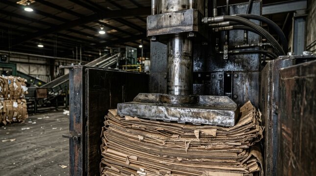 Industrial hydraulic press compresses large sheets of cardboard in a dusty factory.