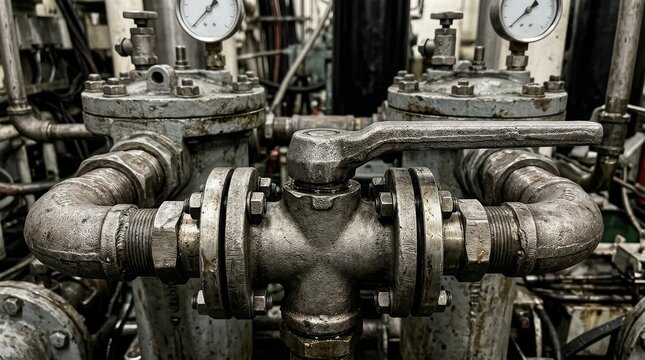 Rusty metal valves and pipes connect to gauges in an industrial system.