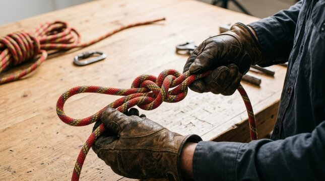 Gloved hands twist a colorful rope on a wooden workbench.