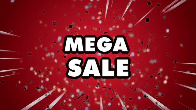 Mega sale text sign with confetti on red background