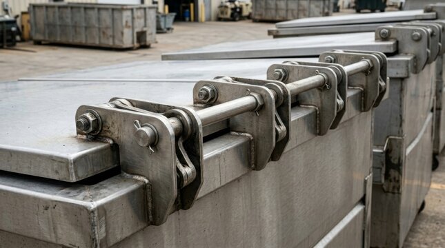 Close up of metal rollers and bolts on an industrial platform.
