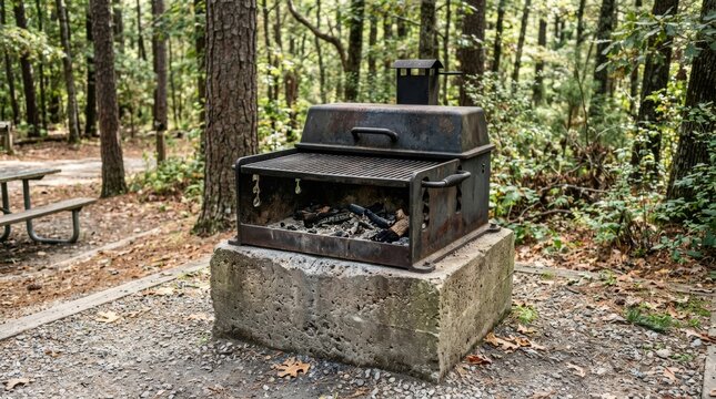 A rusty outdoor grill stands on a concrete pedestal in the woods.