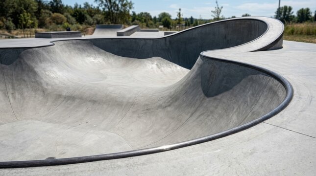 A large concrete skate park bowl features curved walls and metal coping.