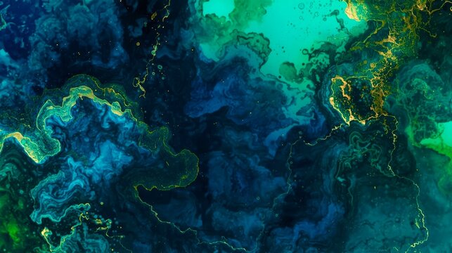 Deep emerald and teal swirls dance with golden liquid traces