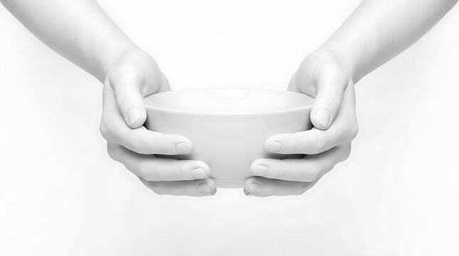 Hands holding a ceramic bowl. Person offering a simple empty white dish.