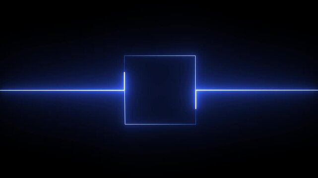 Bright glowing blue square frame with horizontal light lines on a dark black background
