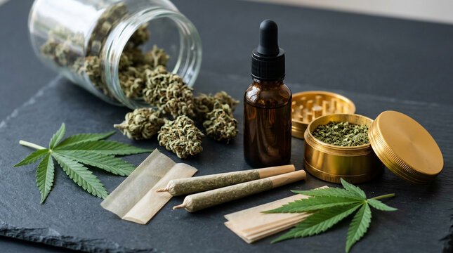 Legal cannabis products including dried flower, joints, CBD oil, and a grinder on a dark slate surface with green leaves