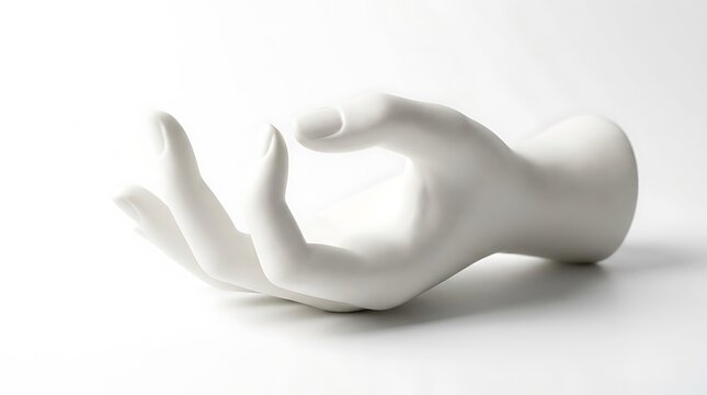 White mannequin hand on white background. Ceramic sculpture showing an open palm gesture.
