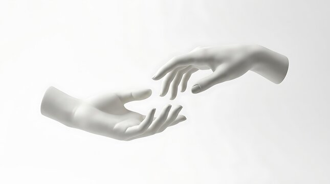 Two white mannequin hands reaching towards each other. Minimalist sculpture showing connection.