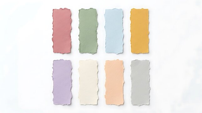 Pastel paper swatches on white background. Colorful torn paper strips for design projects.