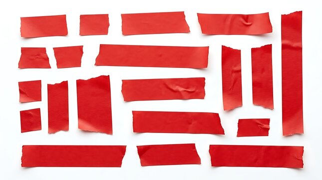 Red adhesive tape strips isolated on white. Collection of various torn duct tape pieces.