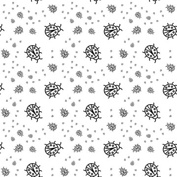 Seamless Pattern with Hand Drawn Black Ladybugs on White Background for Fabric and Textile Design