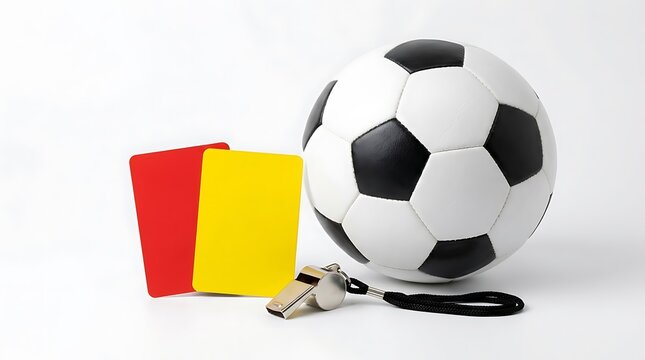 Soccer ball with red and yellow cards. Referee equipment for professional football match.
