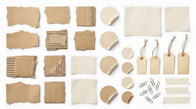 Collection of torn cardboard and paper scraps. Set of blank labels and adhesive tape elements.