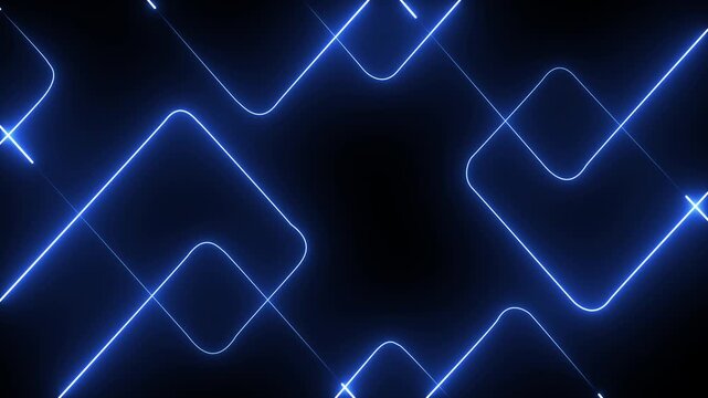 Abstract blue glowing neon square shapes on a dark black background