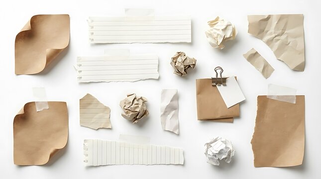 Set of torn paper scraps and crumpled balls. Kraft paper pieces isolated on white background.