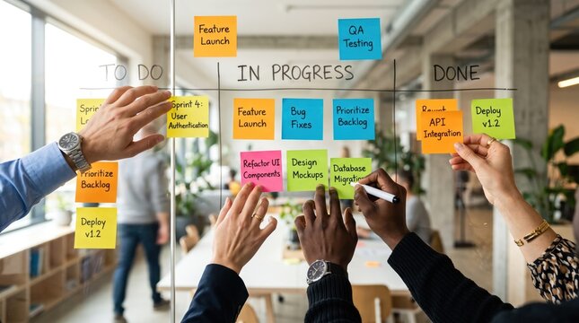 Team working on an agile project management board with colorful sticky notes on a glass wall in a bright office for sprint task tracking