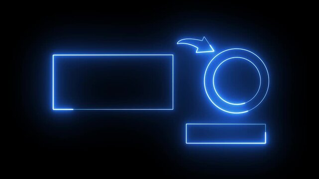 Neon blue glowing rectangle and circle icon with arrow on a dark black background