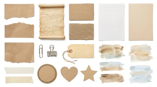 Collection of craft paper elements. Scrapbook materials and stationery design set.