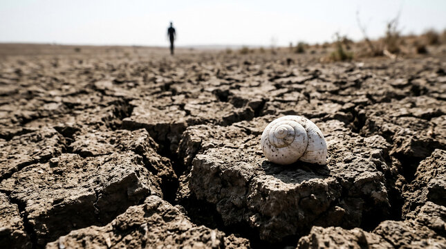A Lonely Snail Shell Rests Upon Parched Cracked Earth in a Barren Desert Landscape Symbolizing Climate Change and Environmental Drought