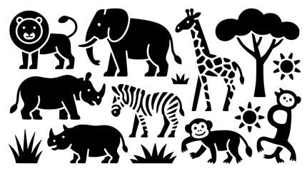 African safari wild animals vector set with cartoon wildlife characters and nature elements on white background © MdBarat
