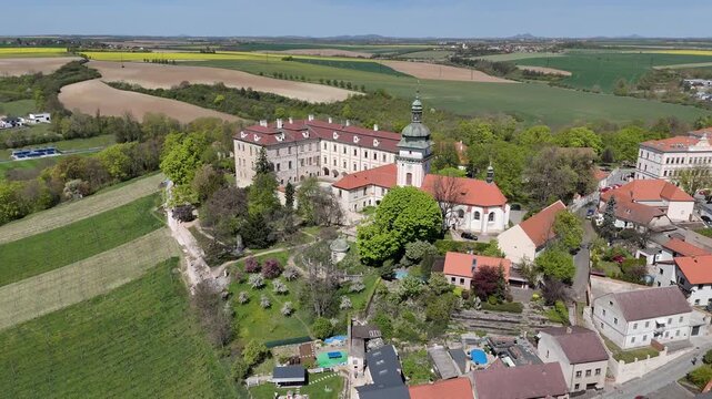 Ben&aacute;tky nad Jizerou Castle in spring - Aerial drone view