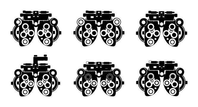 Ophthalmic Equipment Collection, Six Black and White Vector Illustrations of Phoropters for Eye Exams, Optometry and Vision Care Graphics