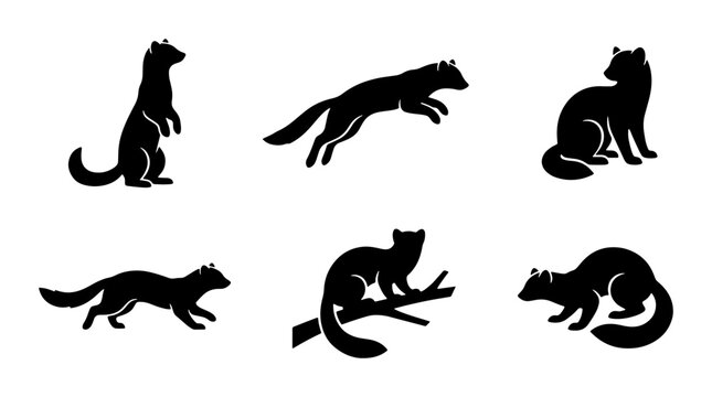 Set of Six Black Silhouette Vector Icons of Weasels and Ferrets in Various Poses, Wildlife Animal Graphics for Nature and Zoology Themes