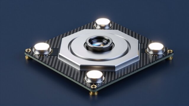 rendering square shaped electronic device metallic surface device appears metal has black white checkered pattern center device circular metal ring small hole middle around ring four small white