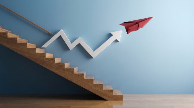 Red paper plane flying above staircase leading to success graph with staircase
