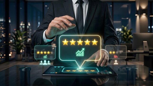 A business professional using a digital tablet to display a five star rating for customer service and quality excellence
