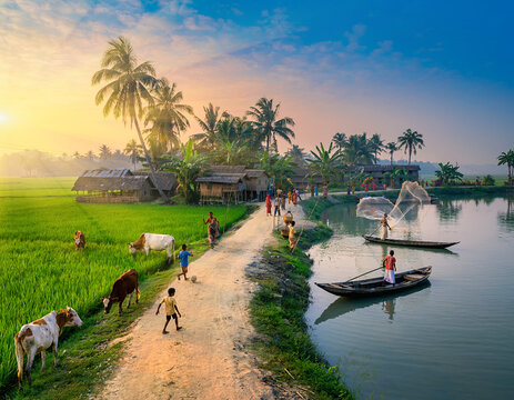 village
river
boats
rural
countryside