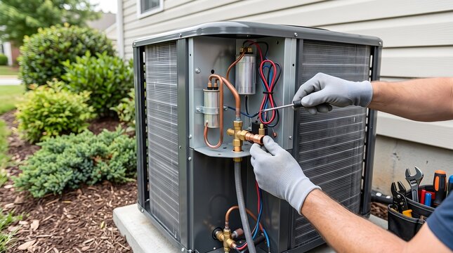 Skilled hvac technician performing maintenance on an outdoor air conditioner unit at home