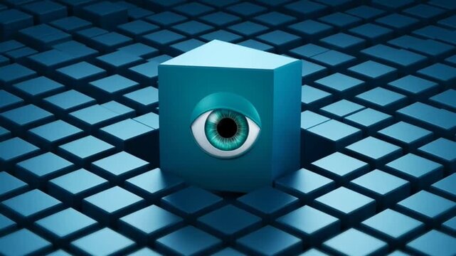 Abstract Digital Surveillance Concept Featuring A Glowing Eye Emerging From A Grid Of Cubes.