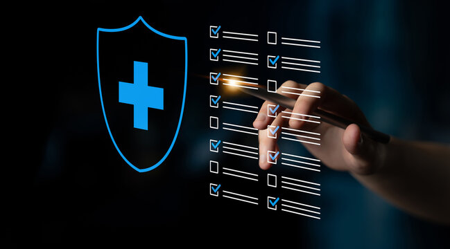 A hand with a pen interacts with a digital checklist and a protective shield icon, representing the importance of health and safety in medical practices and precautionary methods. Cyphers