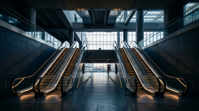Symmetrical Architecture of Modern Escalators in a Dark Futuristic Interior Hallway