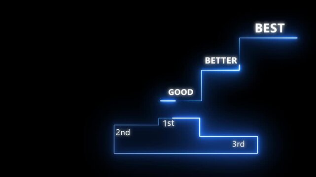 Glowing blue neon stairs with text labels showing business growth from good to better and best
