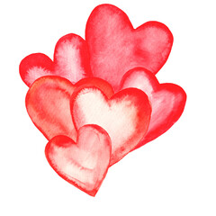 Fototapeta premium Valentine's Day card. Hearts drawn in rich watercolor are arranged in a cluster, forming a floating composition, isolated on a white background. Designed for Valentine's Day and weddings.
