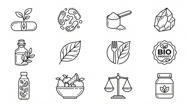 Natural supplement and healthy food vector line icons with probiotic protein mineral and vegan symbols