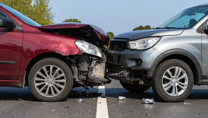 Naklejka premium Two cars involved in a severe head on collision traffic accident