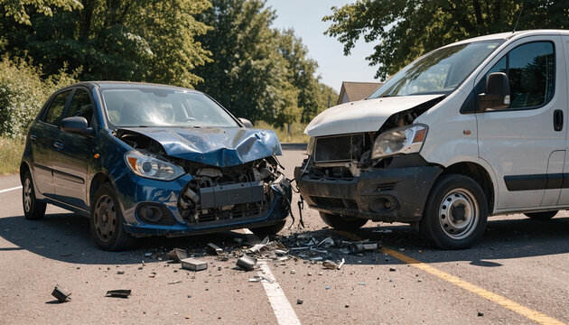 Head on collision between a car and a commercial van on a rural road