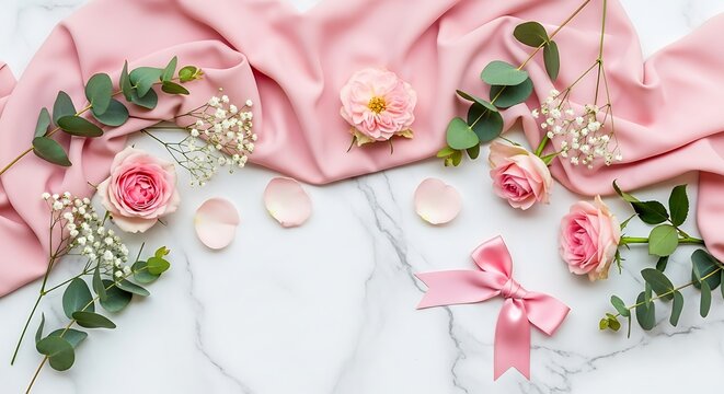 Pink flowers and green leaves arrangement.
