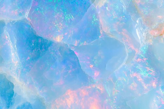 Macro texture of iridescent opal stone displaying shades of blue, pink, and green with intricate patterns and smooth surfaces, ideal for backgrounds or design elements