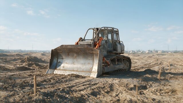 Industrial bulldozer standing idle on a large sandy construction site under a bright clear sky captured from a side perspective with detailed metallic mechanical textures
