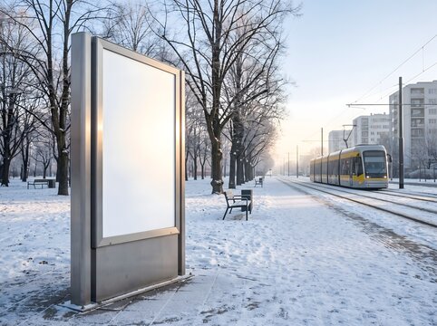 Blank vertical billboard near a tram corridor on a snowy winter day with trees and city buildings