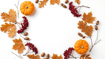 Obraz premium Autumn harvest frame with pumpkins dried leaves and red berries on a white background flat lay photo