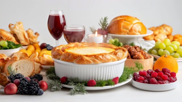 Festive holiday table with golden baked pie roast turkey fresh berries bread and red wine
