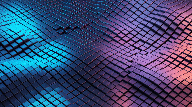 Diagonal seam dividing blue and magenta metallic tile waves