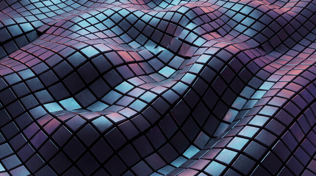Rippling wave of purple and turquoise metallic square tiles