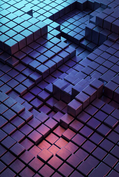 Vertical terrain of stepped copper and violet cube blocks